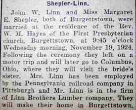 Marriage Notice for John W. LINN to Margaret E. Shepler, 19 Nov 1924