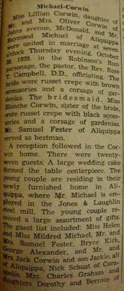 Part 1 Marriage Notice for
Raymond MICHAEL to Lillian Corwin, 26 Oct 1939
