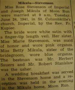 Marriage Notice for 
Joseph MIKULA to Rose Stevenson, 24 Jun 1941