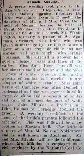 Marriage Notice for Frank MIKULAS to Olympia Donnelli, 18 Feb 1924