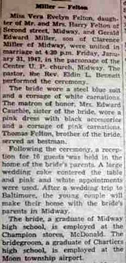Marriage Notice for Gerald Edward MILLER to Vera Evelyn Felton, 31 Jan 1947