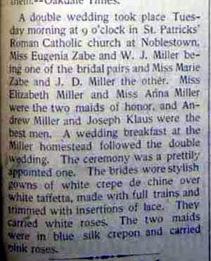 Article 1 Marriage Notice for J. D. MILLER to Marie Zabe, no date, in 10-4-1902 paper