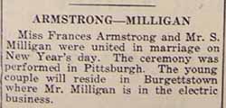 Marriage Notice for S. MILLIGAN to Frances ARMSTRONG, Jan. 1, 1920