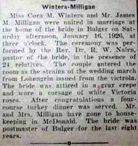 Marriage Notice for James M. MILLIGAN to Cora M. Winters, 16 Jan 1926