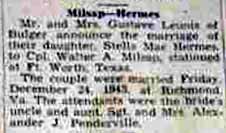 Marriage Notice for 
Walter A. MILSAP to Stella Mae Hermes, 24 Dec 1943