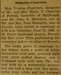 Part 1 Marriage notice for John A. MISKALITZ to Yvonne Charriere, 15 Jun 1940