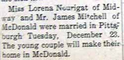 Marriage Notice for James MITCHELL to Lorena NOURIGAT, Dec. 23, 1913, in Jan 2, 1914 newspaper