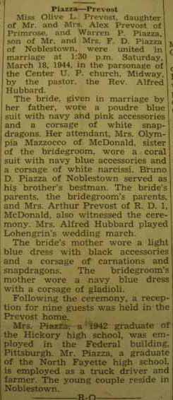 Marriage notice for 
Warren P. PIAZZA to Olive L. Prevost, 18 Mar 1944