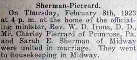 Marriage Notice for Charley PIERRARD to Sarah E. Sherman, 8 Feb 1923