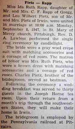Marriage Notice for Leo Wilbert PIETZ to Ida Ruth Rapp, 8 Sep 1947