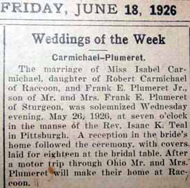 Marriage Notice for Frank E. PLUMERET, Jr. to Isabel Carmichael, 26 May 1926