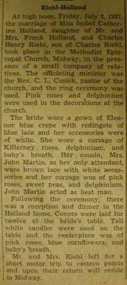 Marriage notice for 
Charles Henry RIEHL to Isobel Catherine Holland, 2 Jul 1937