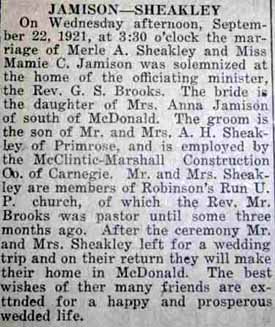 Article 2 Marriage Notice for Merle A. SHEAKLEY to Mamie C. Jamison, 22 Sep 1921
