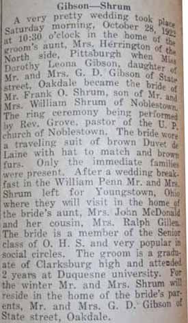Article 1 Marriage Notice for Frank O. SHRUM to Dorothy Leona Gibson, 28 Oct 1922