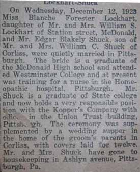 Marriage Notice for Edgar Blakely SHUCK to Blanceh Forester Lockhart, 12 Dec 1923