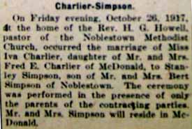 Marriage Notice for Stanley SIMPSON to Iva Charlier, 26 Oct 1917