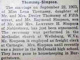 Marriage Notice for Raymond SIMPSON to Lena Thomassy, 22 Sep 1923