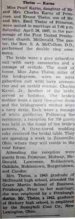 Marriage Notice for Ernest THEISS to Pearl Karns, 26 Apr 1947