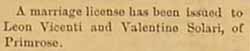 Engagement Notice for Leon VINCENTI and Valentine SOLARI, Jan. 2, 1892
newspaper