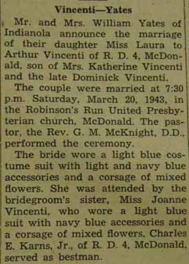 Marriage Notice for Arthur VINCENTI to Laura Yates, 20 Mar 1943