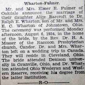 Marriage Notice for Ralph E. WHARTON to Alice Barcroft Fulmer, 6 Aug 1934