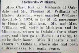 Marriage Notice for Thomas M. WILLIAMS to Clara Kathryn Richards, 2 Jul 1924