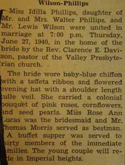 Marriage Notice for Lewis WILSON to Idilla Phillips, 27 Jun 1940