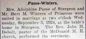 Marriage Notice for Bert M. WINTERS to Mrs. Adolphine Passe, 3 Sep 1924