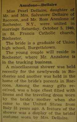 Marriage Notice for Ross ANZALONE to Pearl Dellaire, 5 Oct 1940