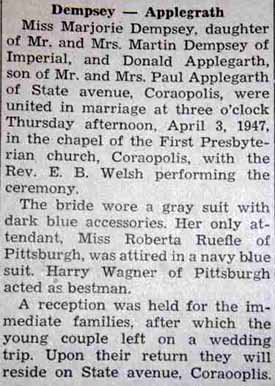 Marriage Notice for Donald APPLEGARTH to Marjorie Dempsey, 3 Apr 1947
