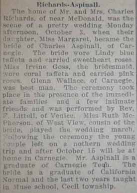 Marriage Notice for Charles ASPINALL to Margaret Richards, 3 Oct 1927