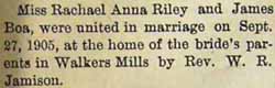 Marriage Notice for 
James BOA to Rachael Anna Riley, 27 Sep 1905
