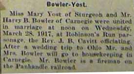 Marriage Notice for Harry B. BOWLER to Mary Yost, 28 Mar 1917