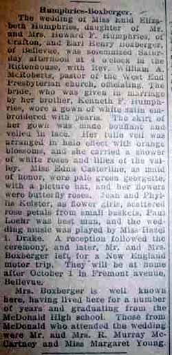 Marriage Notice for Earl Henry BOXBERGER to Enid Elizabeth Humphries, no date, in 9-15-1927 paper