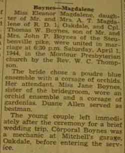 Marriage Notice for 
Thomas W. BOYNES to Eleanor Magdalene, 1 Apr 1944