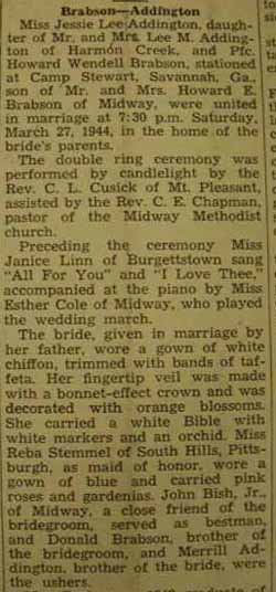 Part 1 Marriage Notice <b>
</b>
Howard Wendell BRABSON to Jessie Lee Addington, 27 Mar 1944