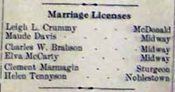 LICENSE for Charles W. Brabson to Elva McCARTY in 11-27-1914 newspaper - 
        license