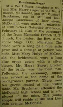 Marriage Notice for 
Gustave BRACKMAN to Pearl Sager, 12 Feb 1938