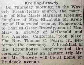 Marriage Notice for Charles Oscar BRAWDY to Marie Margaret Kreiling, no date, in 12-3-1925 paper