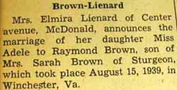 Marriage notice for 
Raymond BROWN to Adele Lienard, 15 Aug 1939