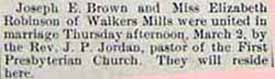 Marriage Notice for Joseph E. BROWN and Miss Elizabeth ROBINSON