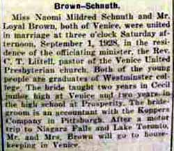 Marriage Notice for 
Loyal BROWN to Naomi Mildred Schnuth, 1 Sep 1928