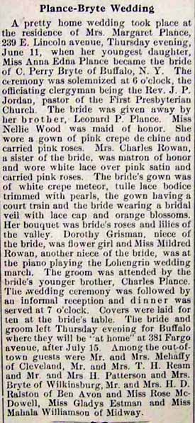 Marriage Notice for C. Perry BRYTE to Anna Edna Plance, 11 Jun 1914