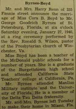 Marriage Notice for  George Goodrich BYRNES to Cora B. Boyd, 27 Jan 1940