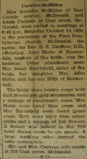 Marriage Notice for Adam COCHRAN to Suzanna McMillen, 14 Oct 1939