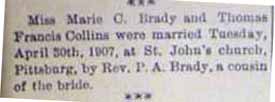 Marriage Notice for Thomas Francis COLLINS to Marie C. Brady, 30 Apr 1907