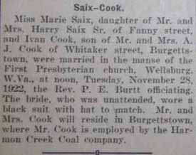 Marriage Notice for Ivan COOK to Marie Saix, 28 Nov 1922
