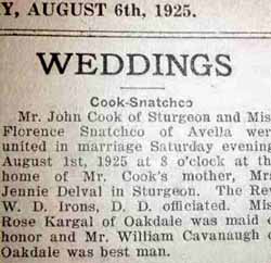 Marriage Notice for John COOK to Florence Snatchco, 1 Aug 1925