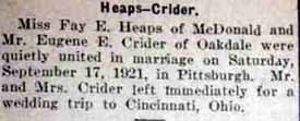 Marriage Notice for Eugene E. CRIDER to Fay E. Heaps, 17 Sep 1921