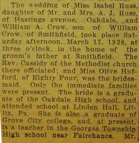 Part 1 Marriage Notice for William A. CROW to Isabelle Russ, 17 Mar 1928